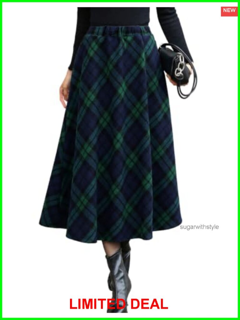 Long Plaid A-Line Maxi Skirt with Pockets Polyester Wool Fall Winter